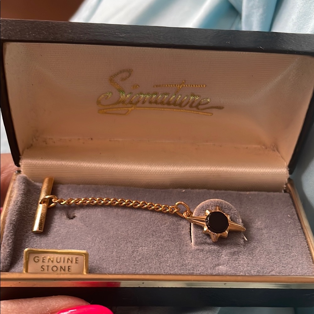 Vintage Signature Gold Tie Tack with Black Agate